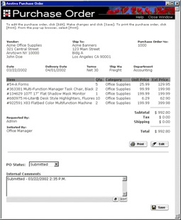 Aestiva Procurement Software Screenshot: Procurement Software for Windows, Linux, and Unix platforms.